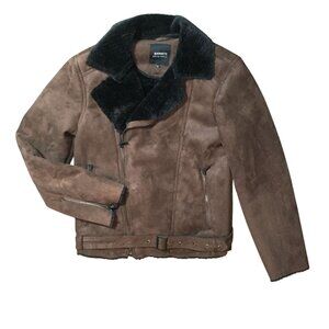 Barneys  Womens L Brown Vegan Leather Faux Fur Lined Winter Moto Jacket Coat